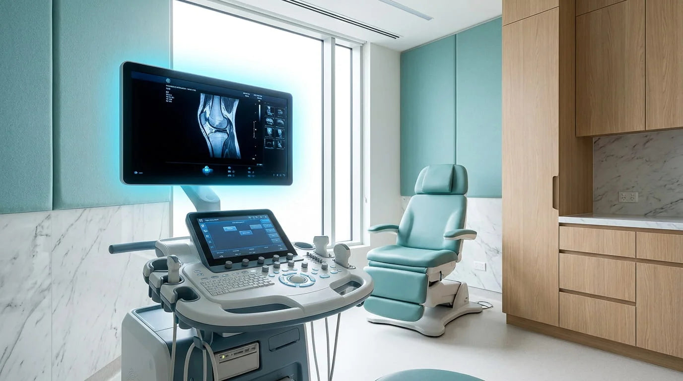 Moderner orthopädischer Behandlungsraum mit High-End Ultraschallgerät für präzise Diagnostik in der Ordination Dr. Zukunft.