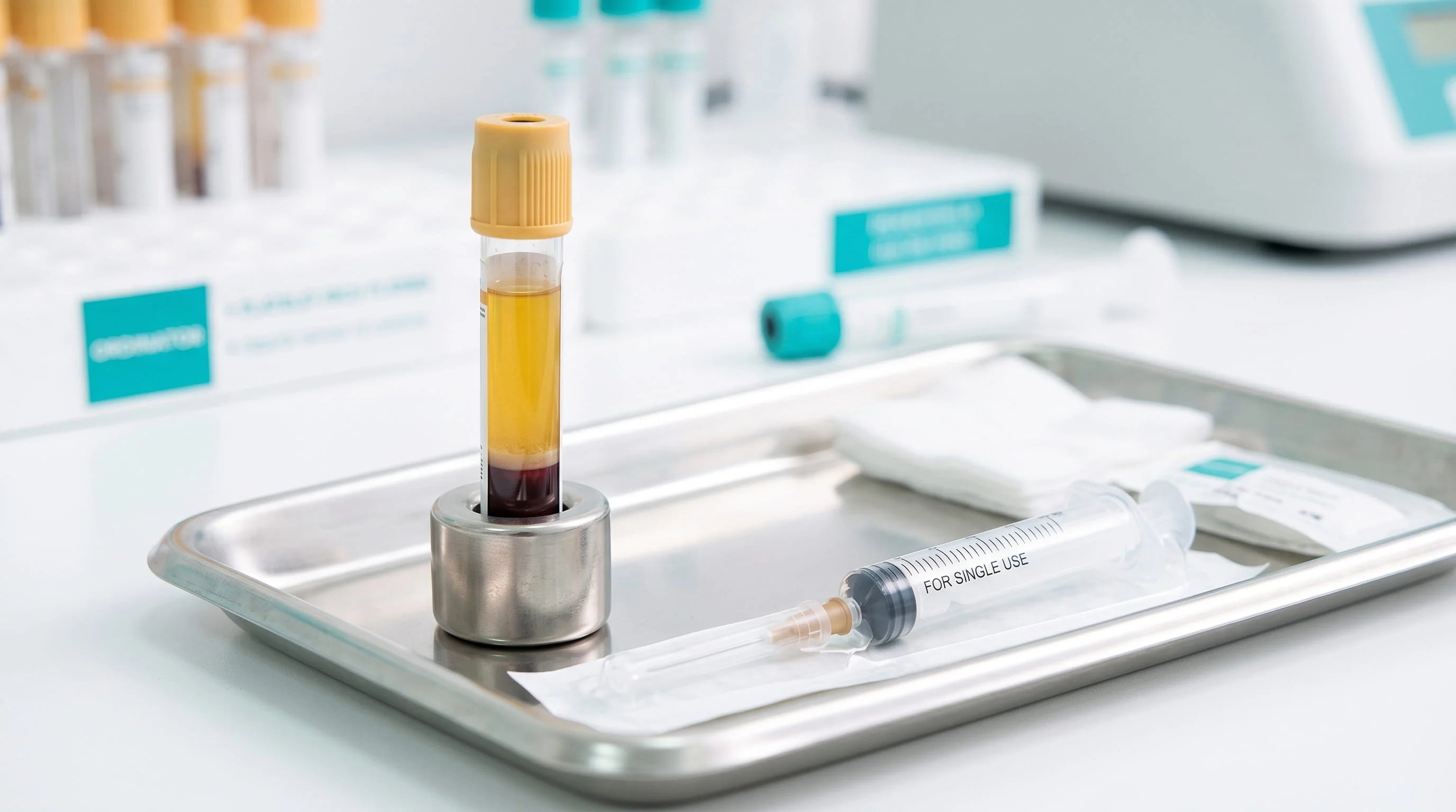 Medizinisches Zubehör für Eigenbluttherapie (PRP) in einer sterilen Schale für regenerative Medizin.