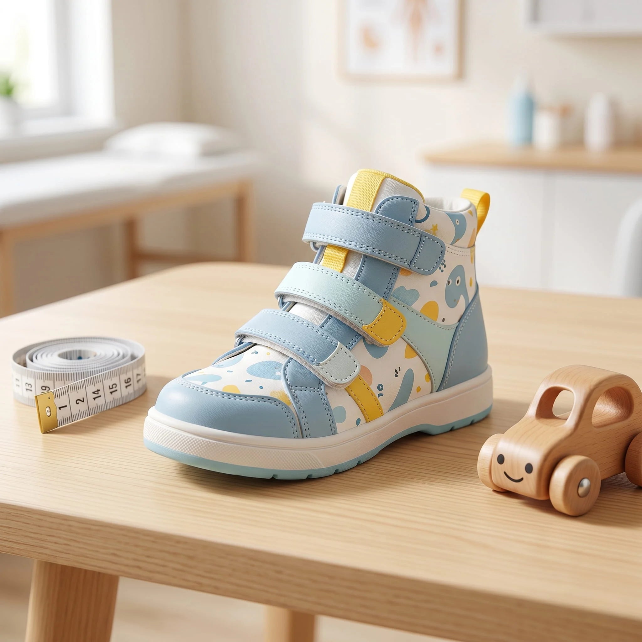 Ein bunter Kinderschuh neben einem medizinischen Messgerät in der freundlichen kinderorthopädischen Abteilung.