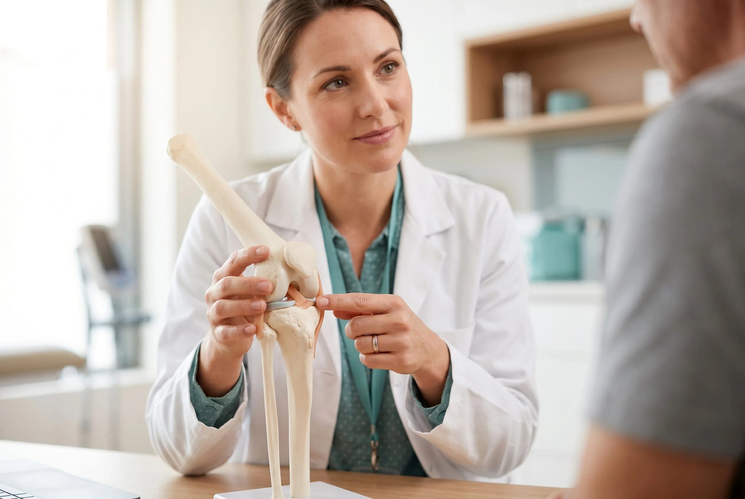 Nahaufnahme einer Orthopädin, die einem Patienten ein Kniemodell zur Erläuterung der konservativen Gelenktherapie in der Ordination der Zukunft erklärt.