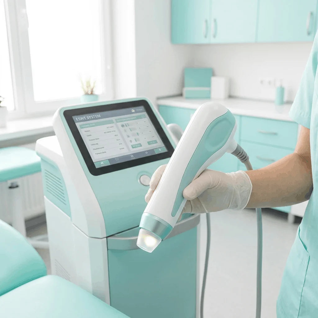 Modernes Stoßwellentherapie-Gerät (ESWT) in einem hellen, medizinischen Behandlungsraum der Orthopädie-Praxis.