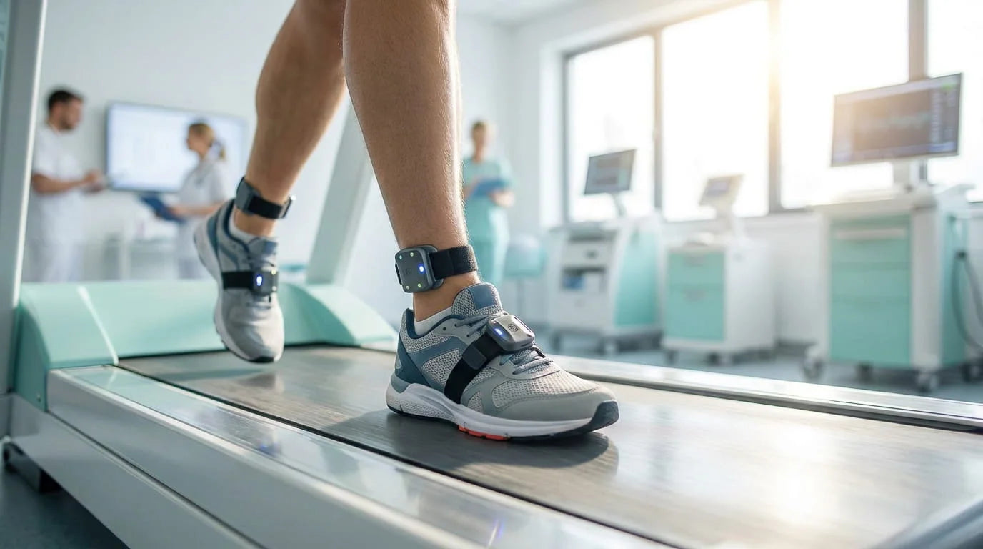 Füße eines Sportlers auf einem Laufband während einer computergestützten Gang- und Bewegungsanalyse.