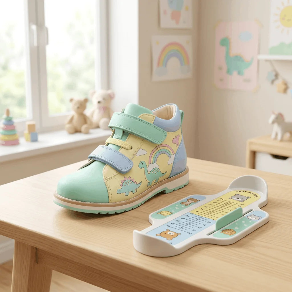 Ein bunter Kinderschuh neben einem medizinischen Messgerät in der freundlich gestalteten kinderorthopädischen Abteilung.